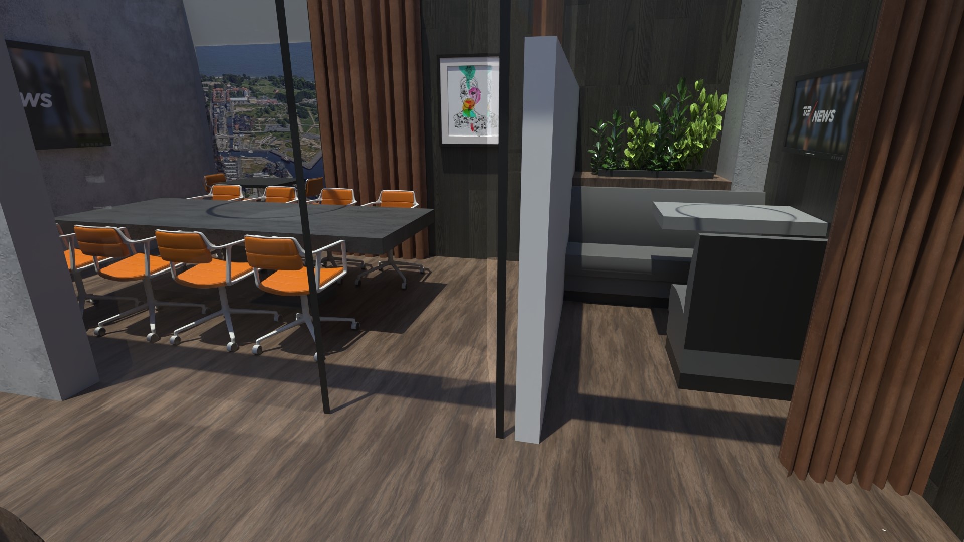 Mødelokale med glasvægge og havneudsigt