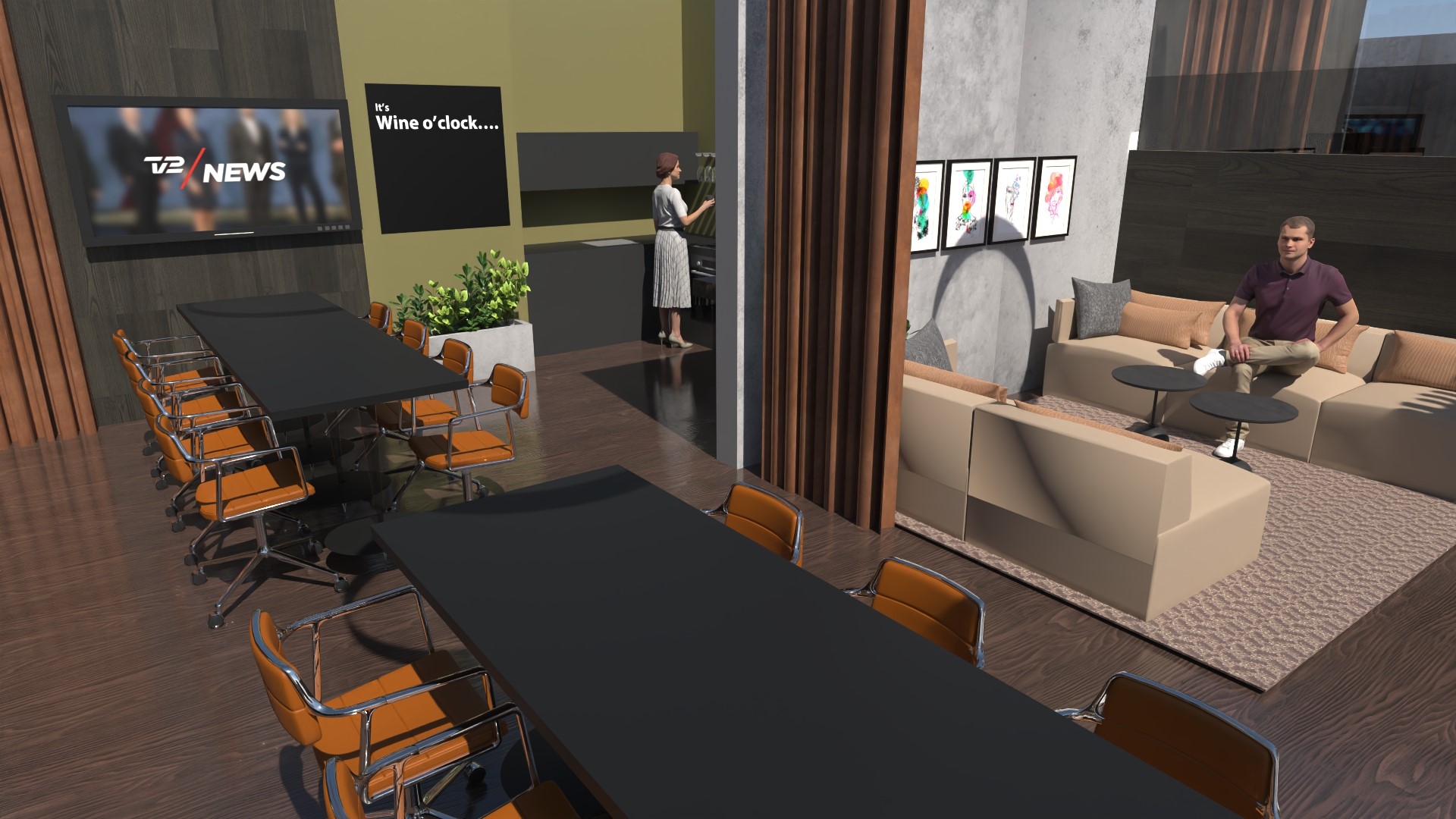 Konferencelokale og lounge med Wine O'Clock skærm